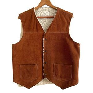 Vintage Suede Leather Vest Mens M Sherpa Lined Snap Country Western Chore Cowboy